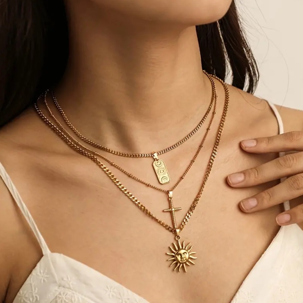 “ Golden Hour “  18k Gold Necklace Stack Set 3 piece Stacker  Sun Moon Cross